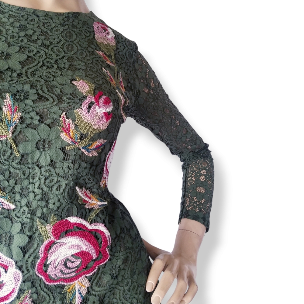 Green Floral Lace Dress with Pink & Red Embroidered Roses by Available Fashion - Picture 2 of 8